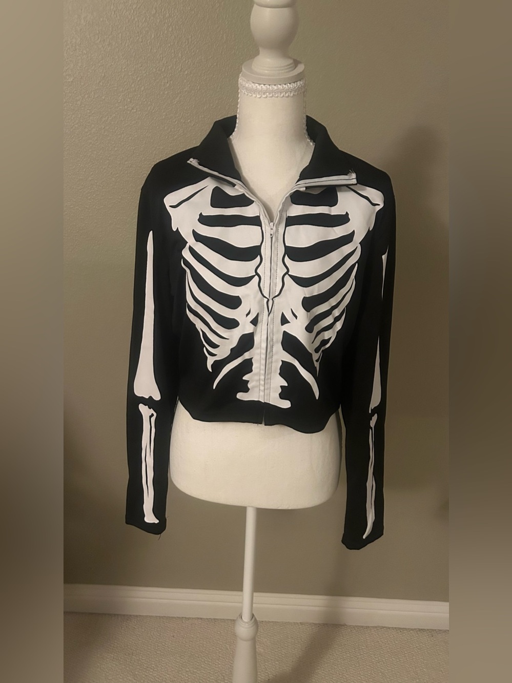 Skeleton Print Zip-Up Jacket - Black/White